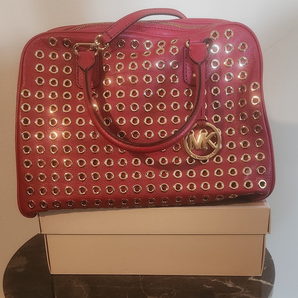 MICHAEL KORS Red Genuine Leather Gormmet Satchel & Matching Wallet